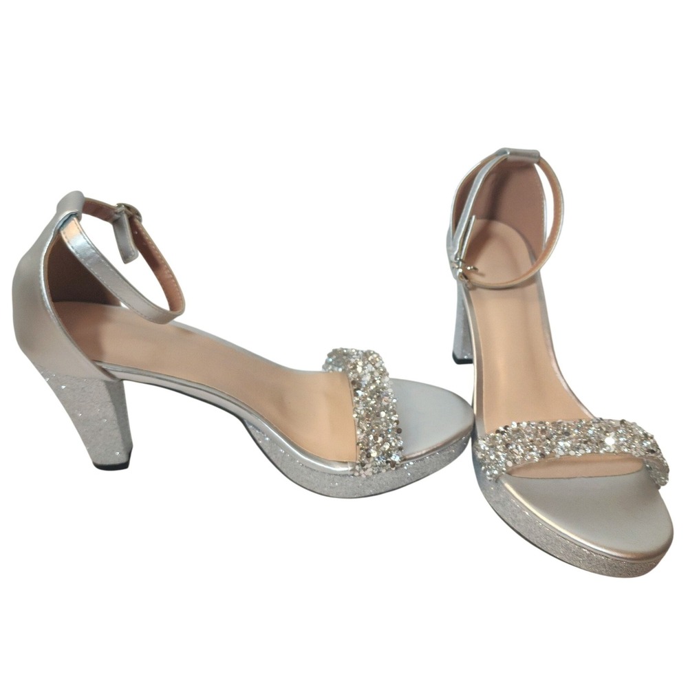 Silver‎ Glitter Platform Sandals Rhinestone Ankle Strap Block Heel